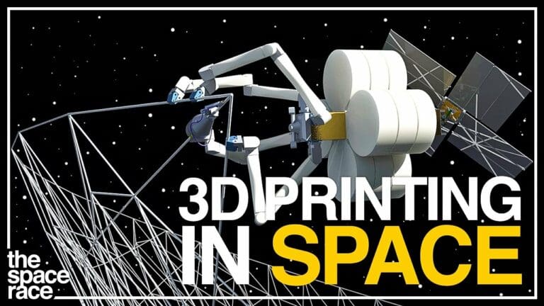 Graphic illustration of a robotic arm using 3d printing technology in space exploration, with the text 