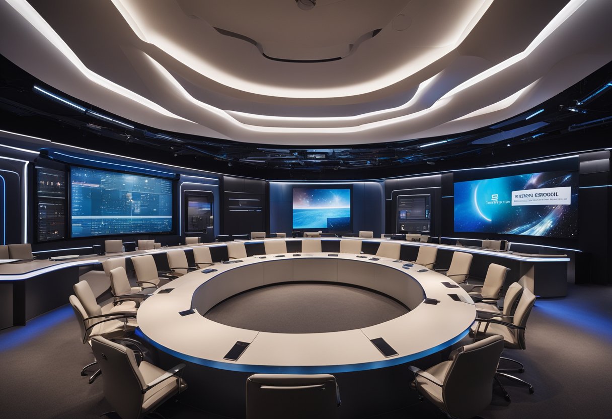 Leaders debate in a futuristic space council chamber, with holographic displays and diverse representatives