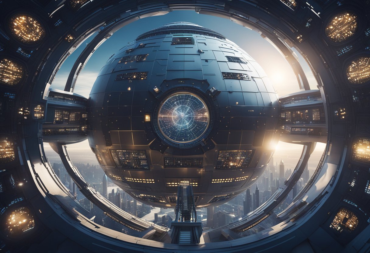 The scene depicts a futuristic space settlement with interconnected structures, solar panels, and communication arrays, symbolizing the governance of future space communities