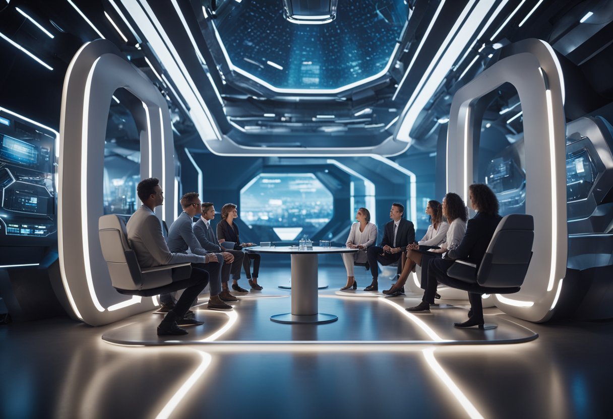 A group of people gather in a futuristic space community, discussing governance and asking questions. The setting is modern and sleek, with advanced technology visible in the background