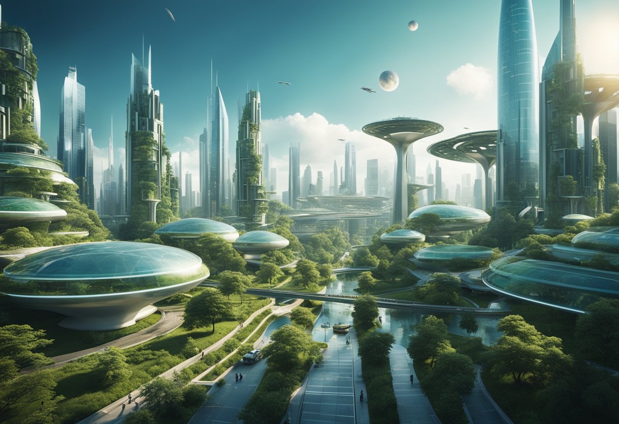 A futuristic space city with green technologies, recycling systems, and clean energy sources. A governing body oversees environmental policies and sustainable practices
