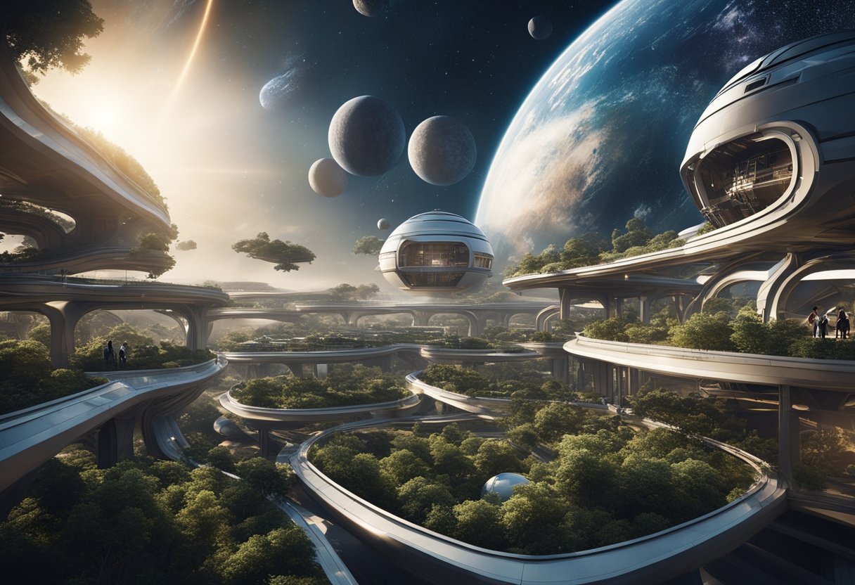 A bustling space community, with domed habitats and interconnected walkways, surrounded by vast, unexplored terrain