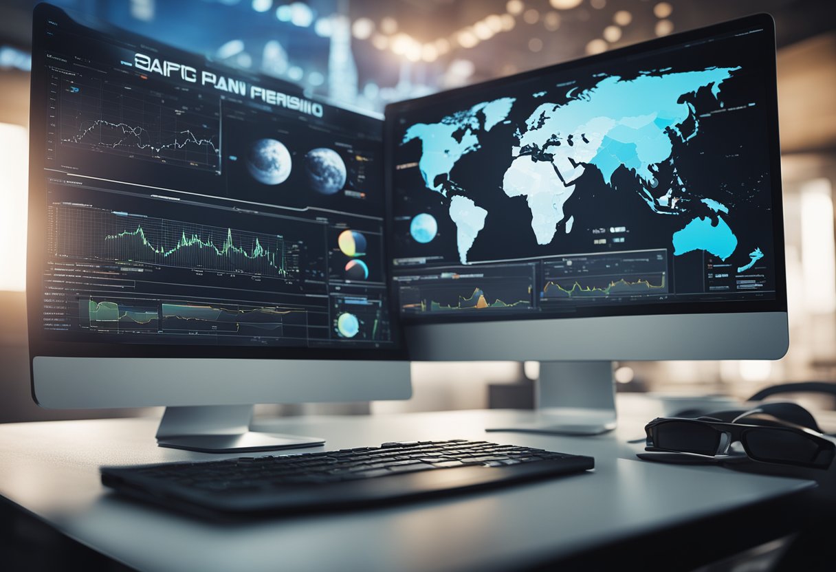 A computer screen displaying space mission planning tools with charts, graphs, and data visualizations