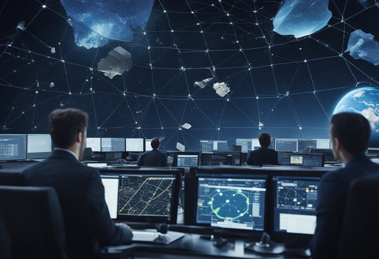 A network of satellites and ground-based radar tracking space debris, while a team of engineers monitor and manage the data