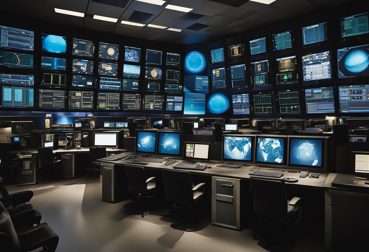 A control room with computer screens displaying space mission planning tools and technicians monitoring data