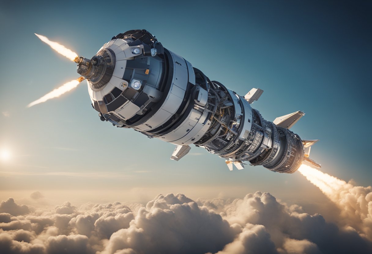 A spacecraft launches into the sky, surrounded by futuristic safety technology and protocols. The scene illustrates the emerging trends and future considerations of commercial spaceflight safety standards