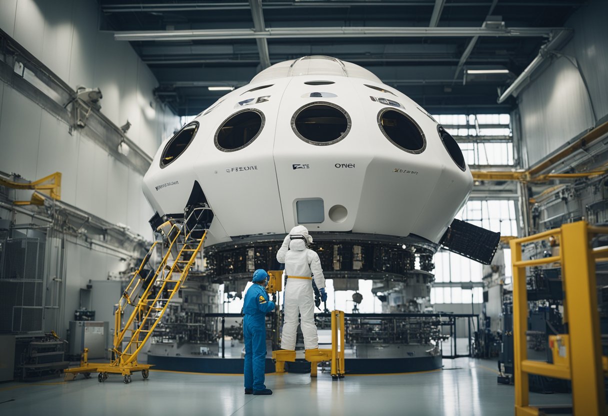 A spacecraft undergoes rigorous safety checks before launch. Engineers inspect the exterior and interior for any potential hazards. Safety protocols are followed to ensure a successful and secure human spaceflight