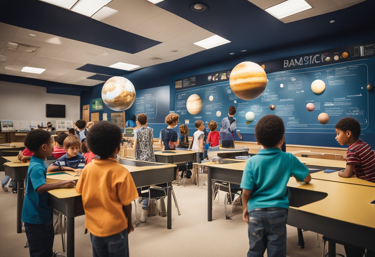 A classroom filled with interactive space exhibits and educational materials, with children eagerly participating in hands-on activities and learning about the solar system and beyond