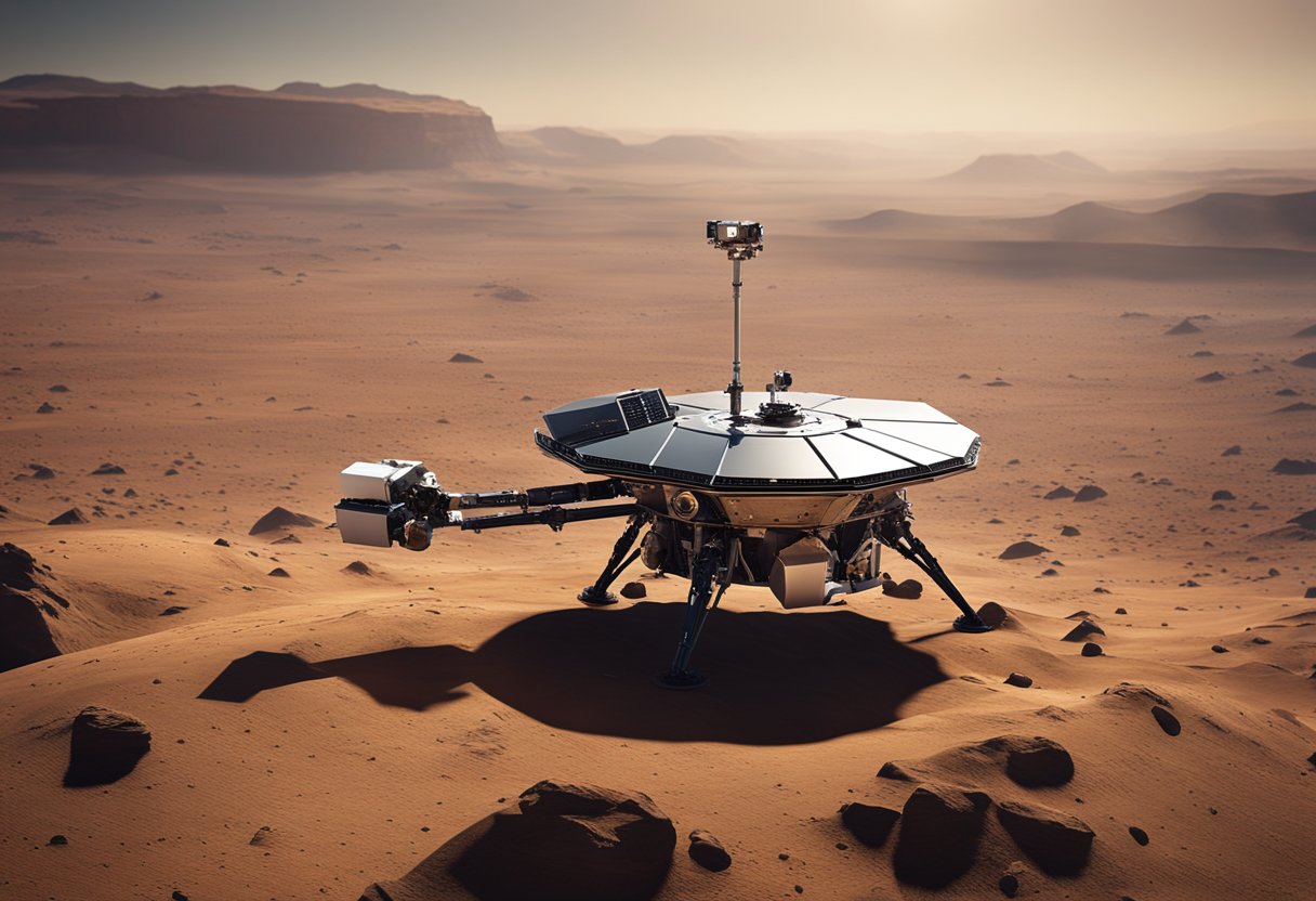 A spacecraft hovers over a barren planet, deploying a robotic arm to collect samples while a protective shield surrounds the area