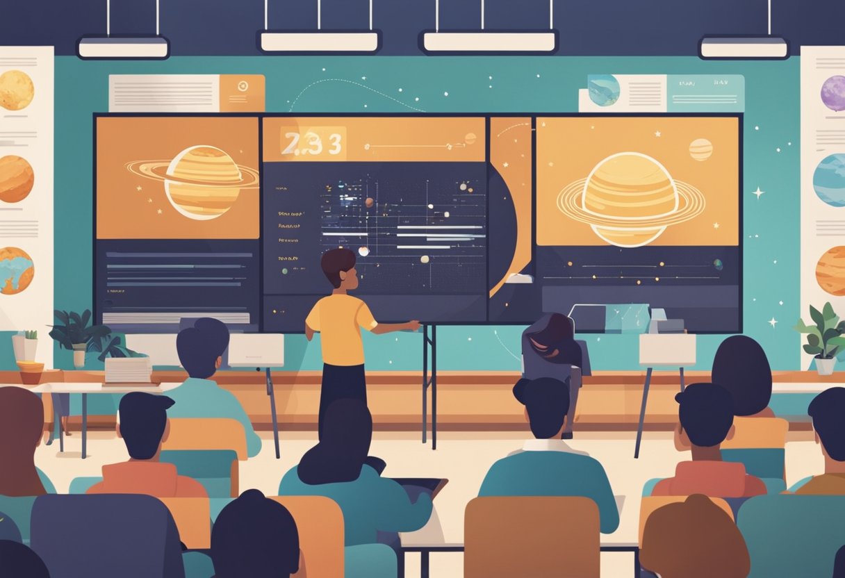 A classroom filled with eager students, surrounded by posters of planets and galaxies. A presenter stands at the front, pointing to a large screen displaying FAQs about space education programs