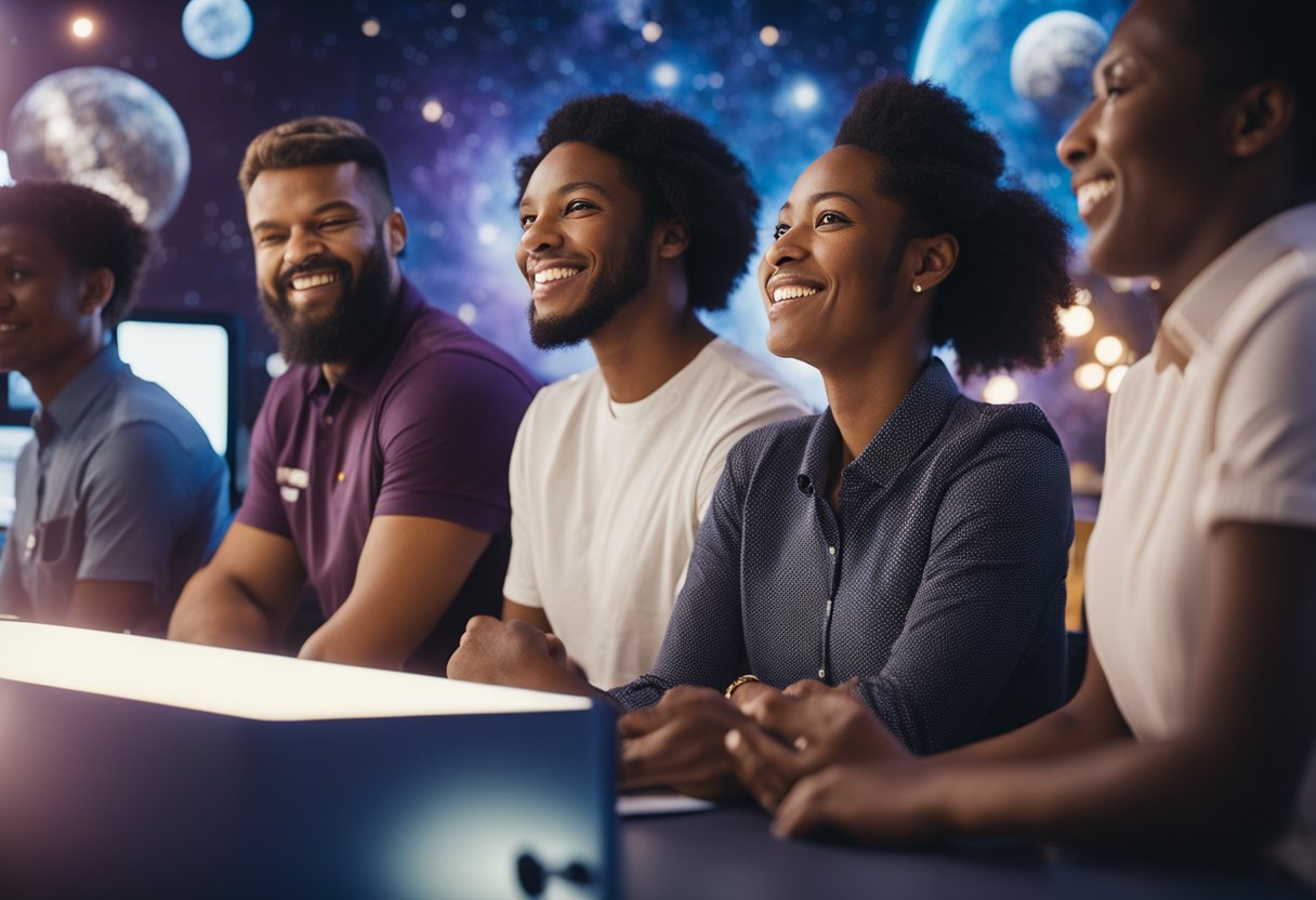 A group of diverse individuals participate in a space-themed educational outreach program, eagerly engaging with specific interest groups