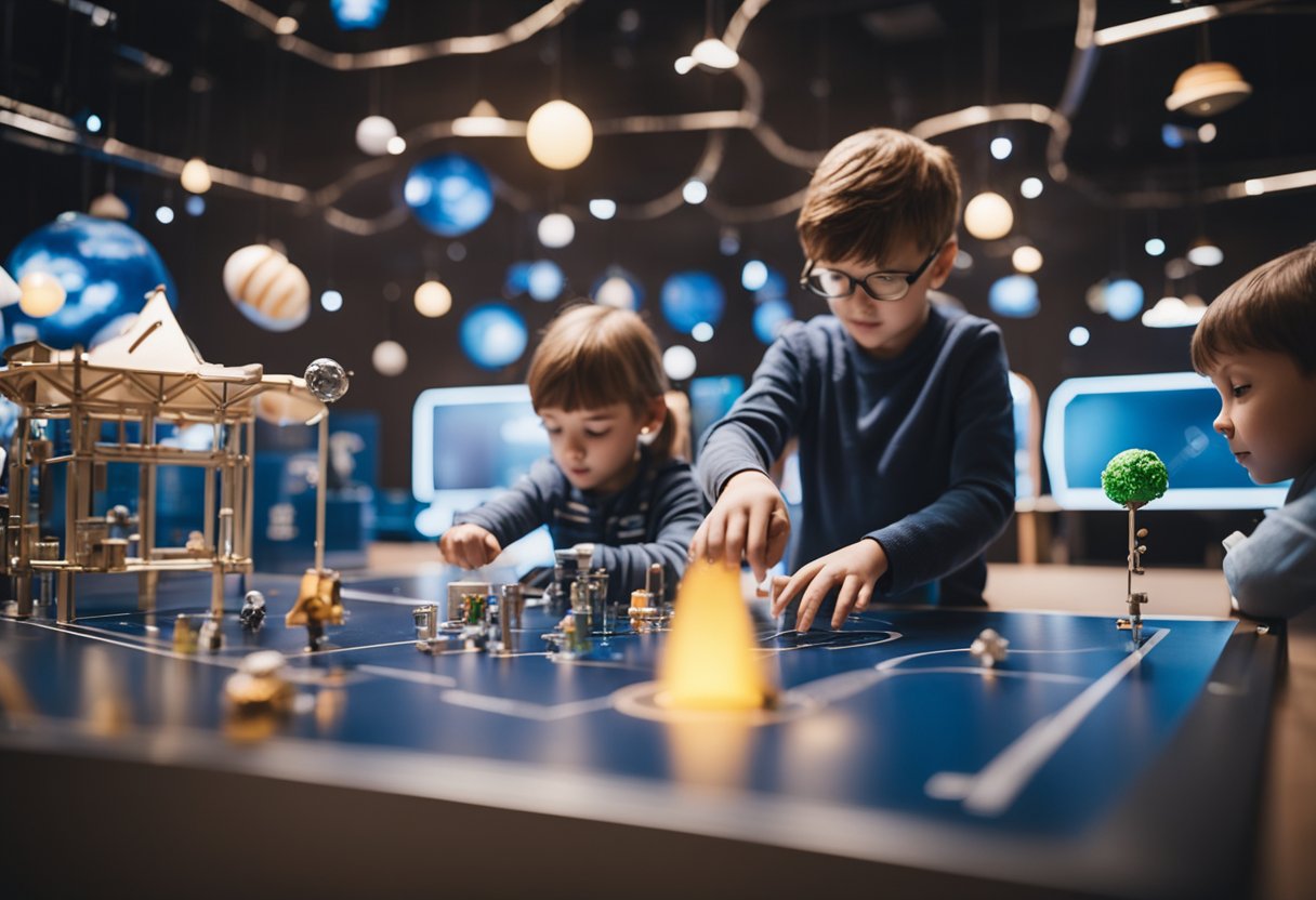 Children exploring space-themed hands-on learning activities in an interactive educational space