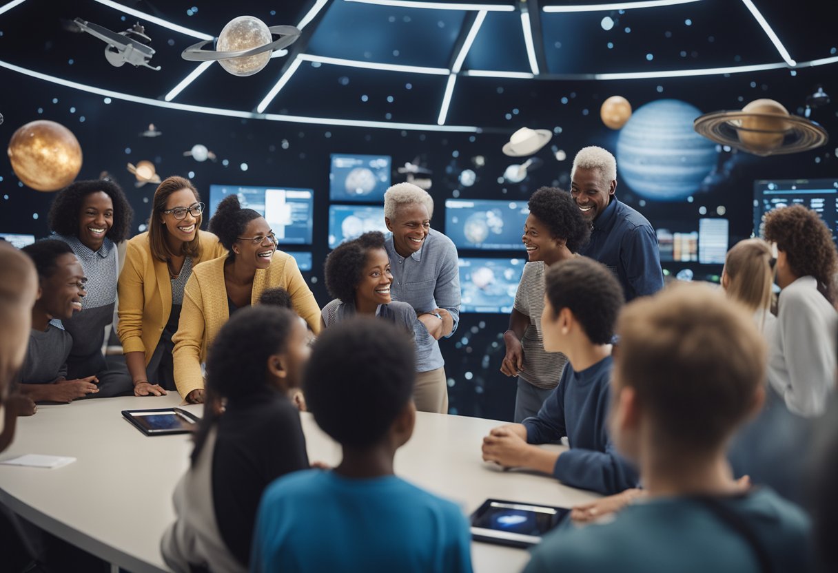 A group of diverse age individuals engage in space-themed educational activities, surrounded by interactive displays and learning materials