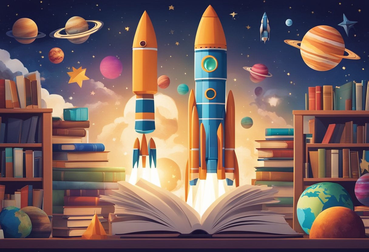 A rocket launches into space, surrounded by colorful books and artistic renderings of planets and stars. The scene is filled with creativity and curiosity, blending art and literature with STEM education