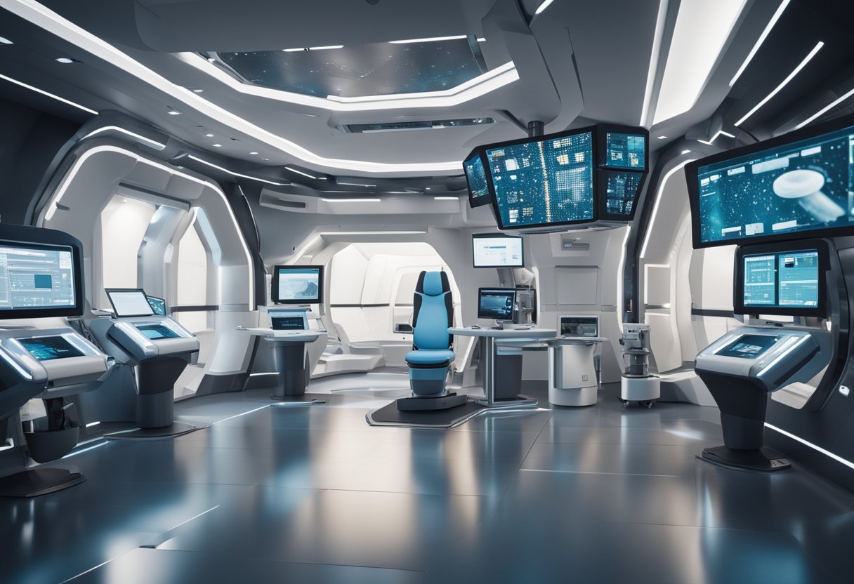 Telemedicine Advancements for Space Stations - A futuristic space station with advanced telemedicine equipment and screens for remote medical consultations