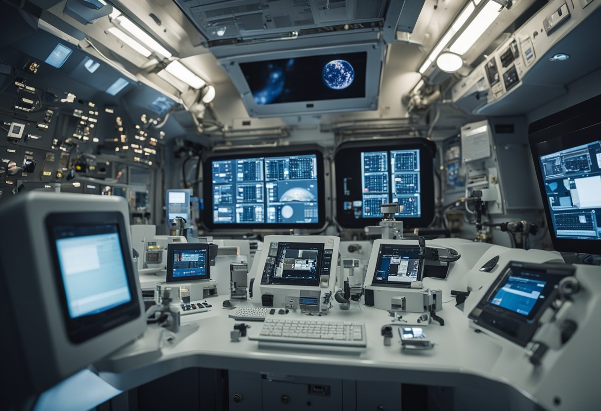 A space station with telemedicine equipment and astronauts using it for remote medical consultations