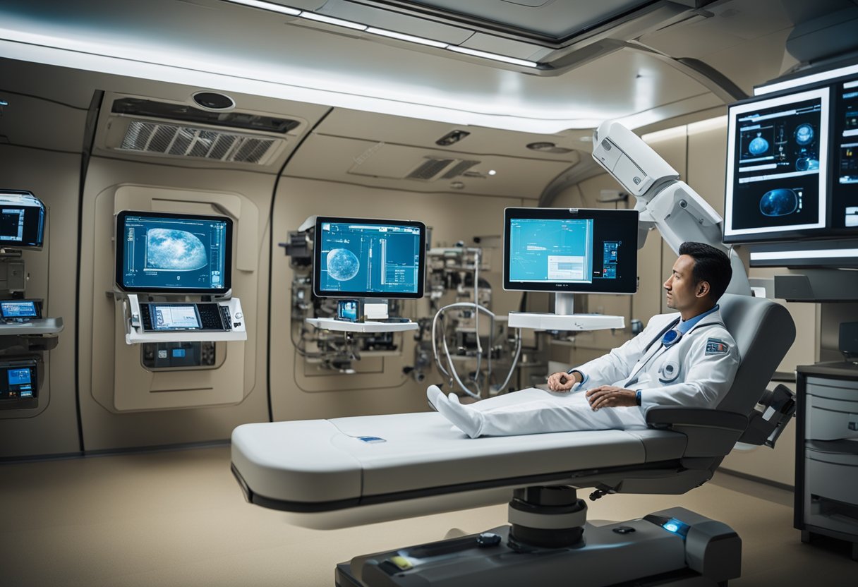 A space station with advanced telemedicine equipment, connecting to Earth-based healthcare systems