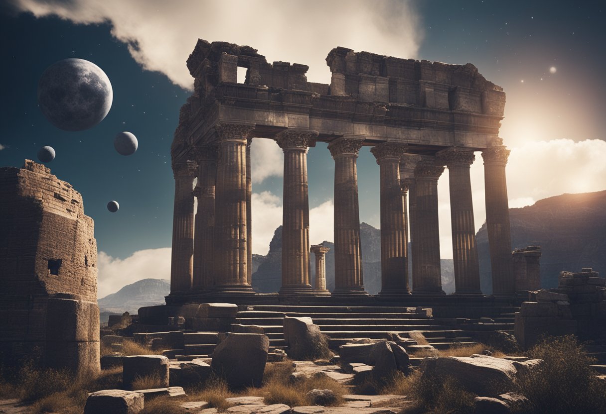 Ancient ruins float in the vastness of space, surrounded by celestial bodies and cosmic debris. A sense of timelessness and mystery pervades the scene