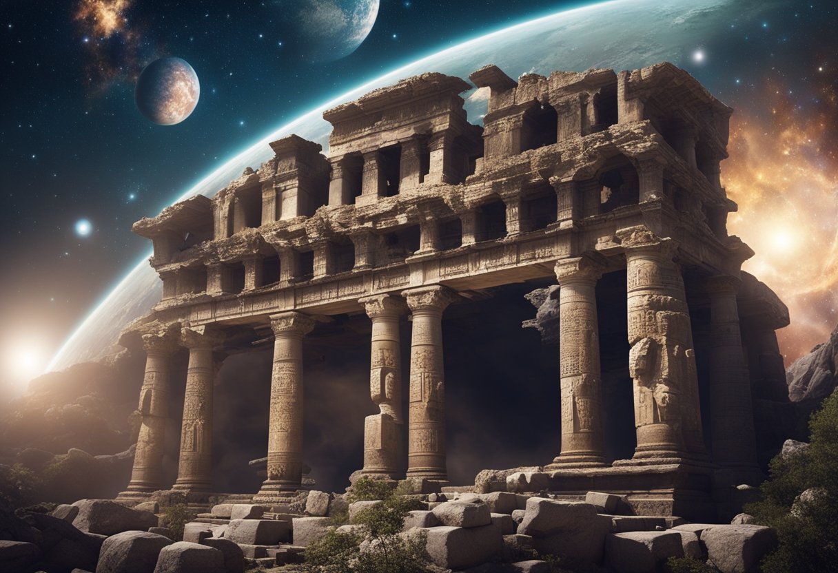 Ancient ruins float in the cosmic expanse, surrounded by stars and nebulae, showcasing the rich cultural heritage of spacefaring civilizations