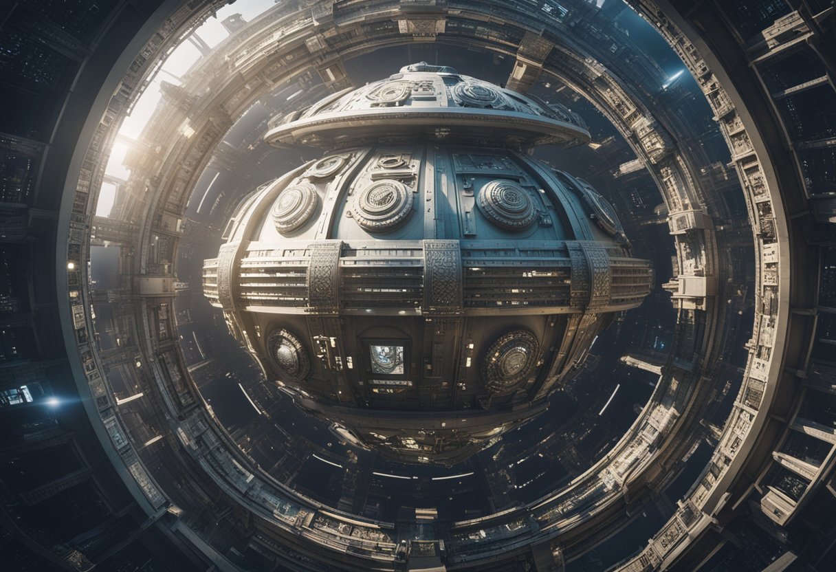 A futuristic space station with intricate architectural designs, surrounded by celestial bodies and ancient artifacts, protected by international legal frameworks