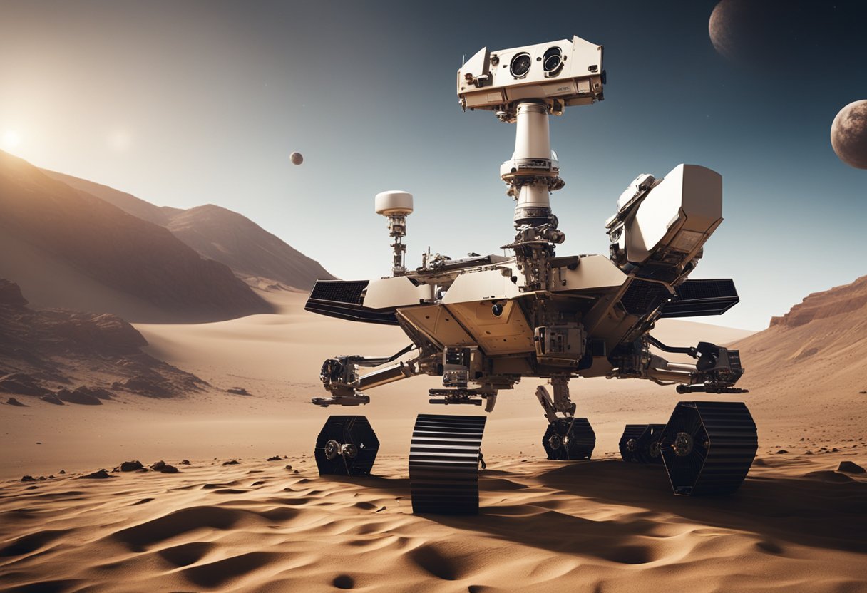 A spacecraft hovers over a desolate planet, its robotic arm extending to collect samples while a protective barrier surrounds the area