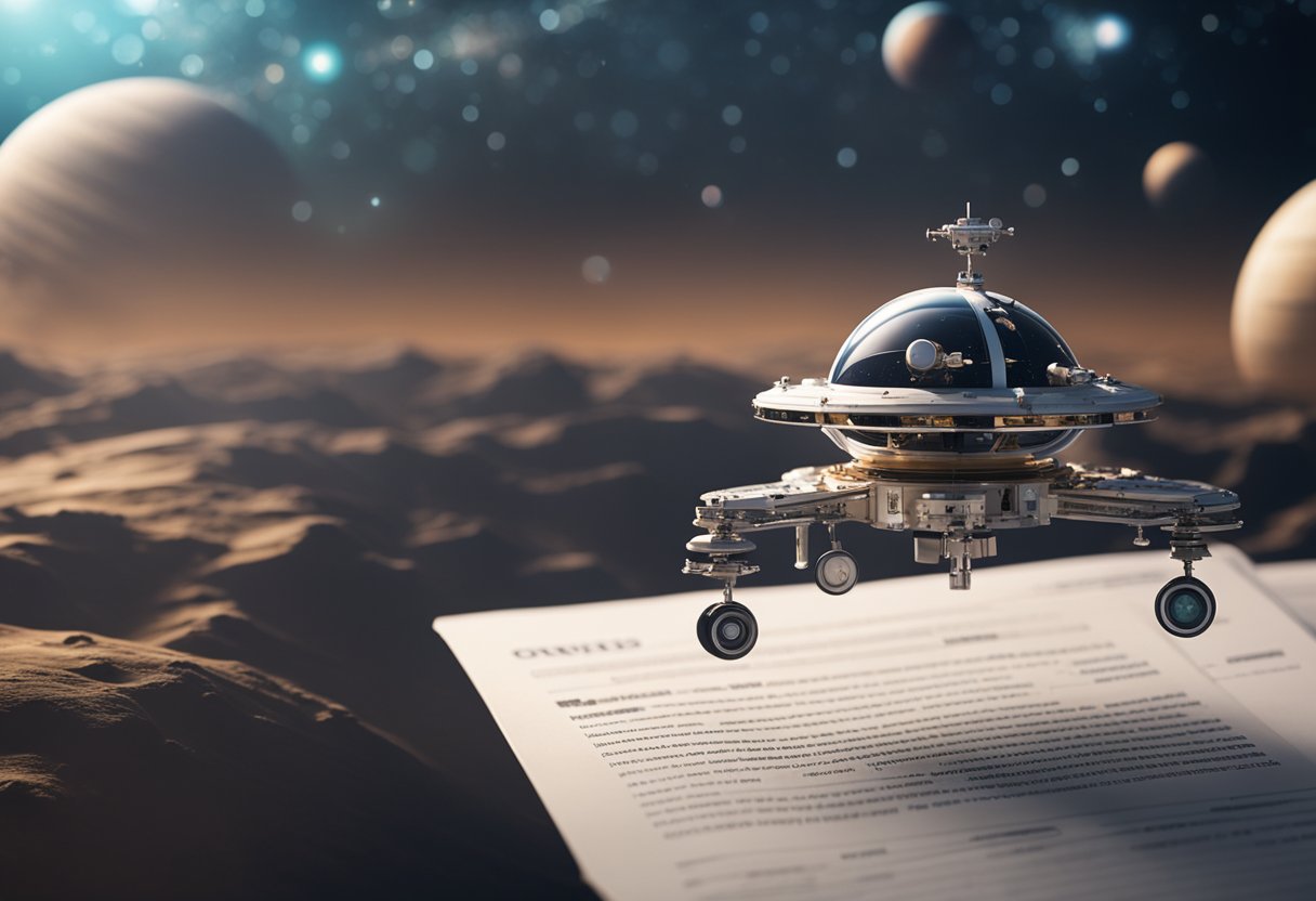 Spacecraft orbiting a distant planet, with legal documents and ethical guidelines floating in zero gravity, symbolizing the ongoing debates on space colonization