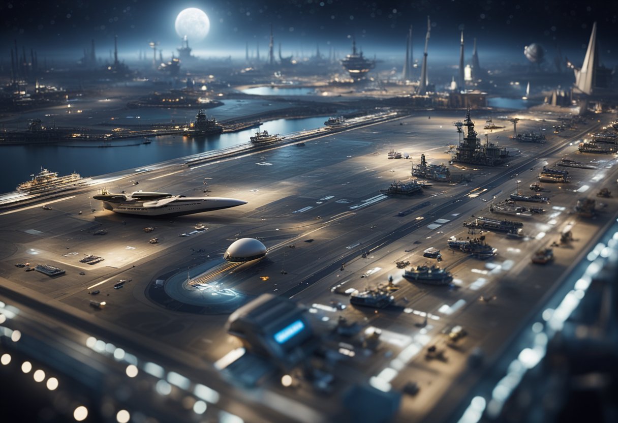 A bustling spaceport with ships coming and going, while legal and ethical debates play out in the background