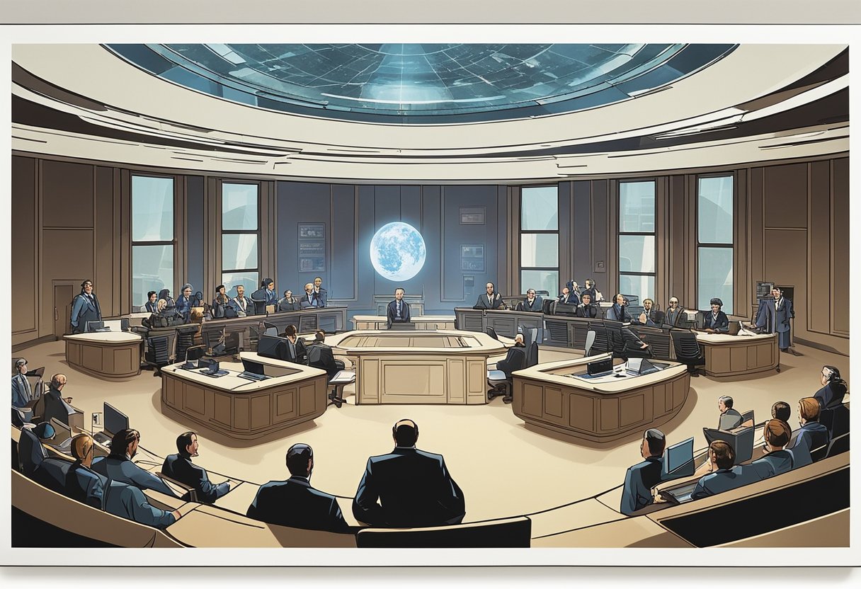 Space Colonization Legal  - Debates on space colonization ethics and laws unfold in a futuristic courtroom setting with diverse representatives presenting arguments