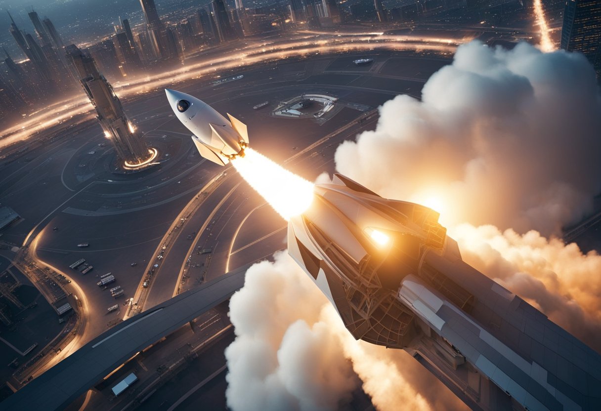 A rocket launches from a futuristic spaceport, surrounded by bustling activity and advanced technology. Public and private spacecraft work together, symbolizing collaboration in space exploration