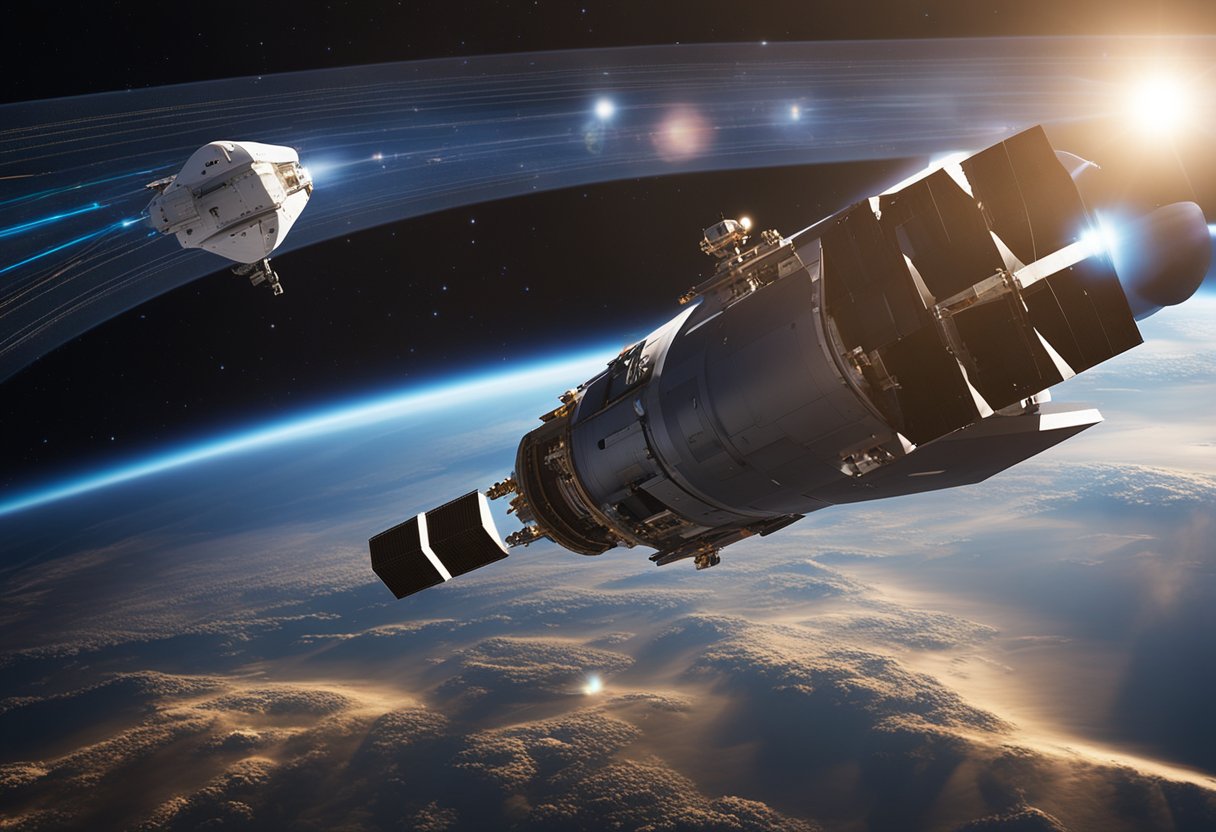 A spacecraft propelled by laser beams accelerates through the vacuum of space, demonstrating the potential of laser-based propulsion for future space exploration
