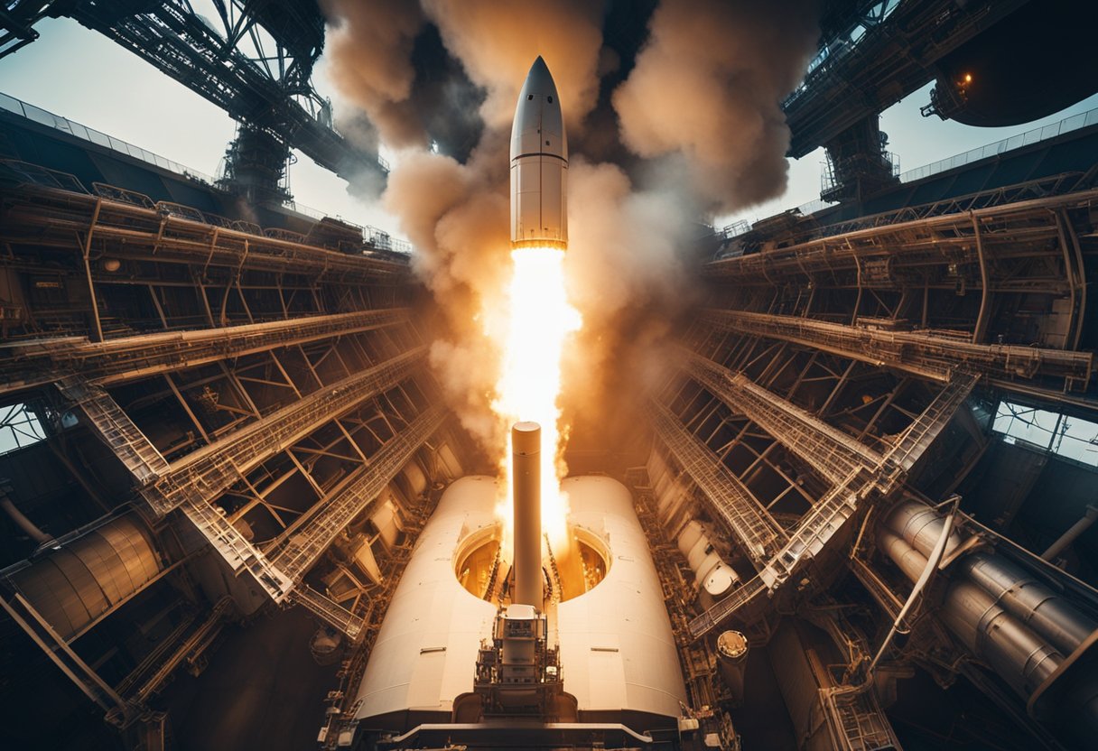 A rocket engine with a nuclear thermal propulsion system ignites, propelling a spacecraft into the vast expanse of space