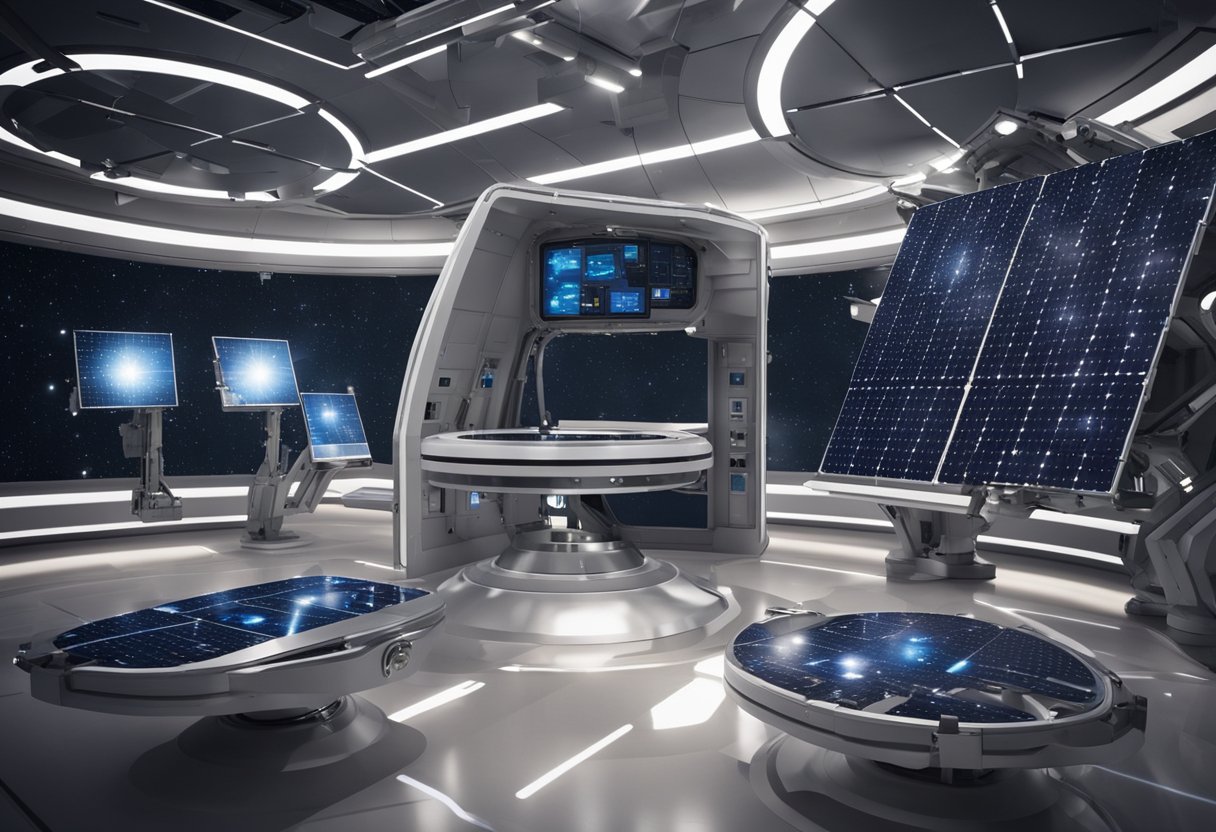 A futuristic space station with advanced shield technology protects against solar radiation and space debris. The station is surrounded by a shimmering force field, with sleek solar panels and high-tech equipment visible on its surface