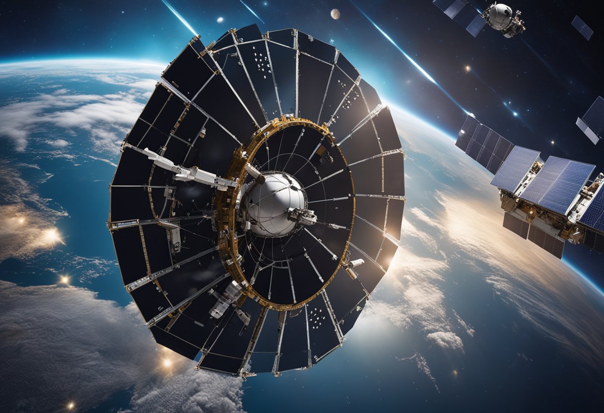 High-tech satellite arrays and shielded spacecraft orbit Earth, protecting against space radiation and debris