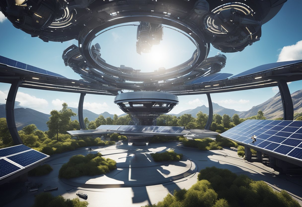 A futuristic space station with solar panels and recycling systems, surrounded by a force field to protect the environment