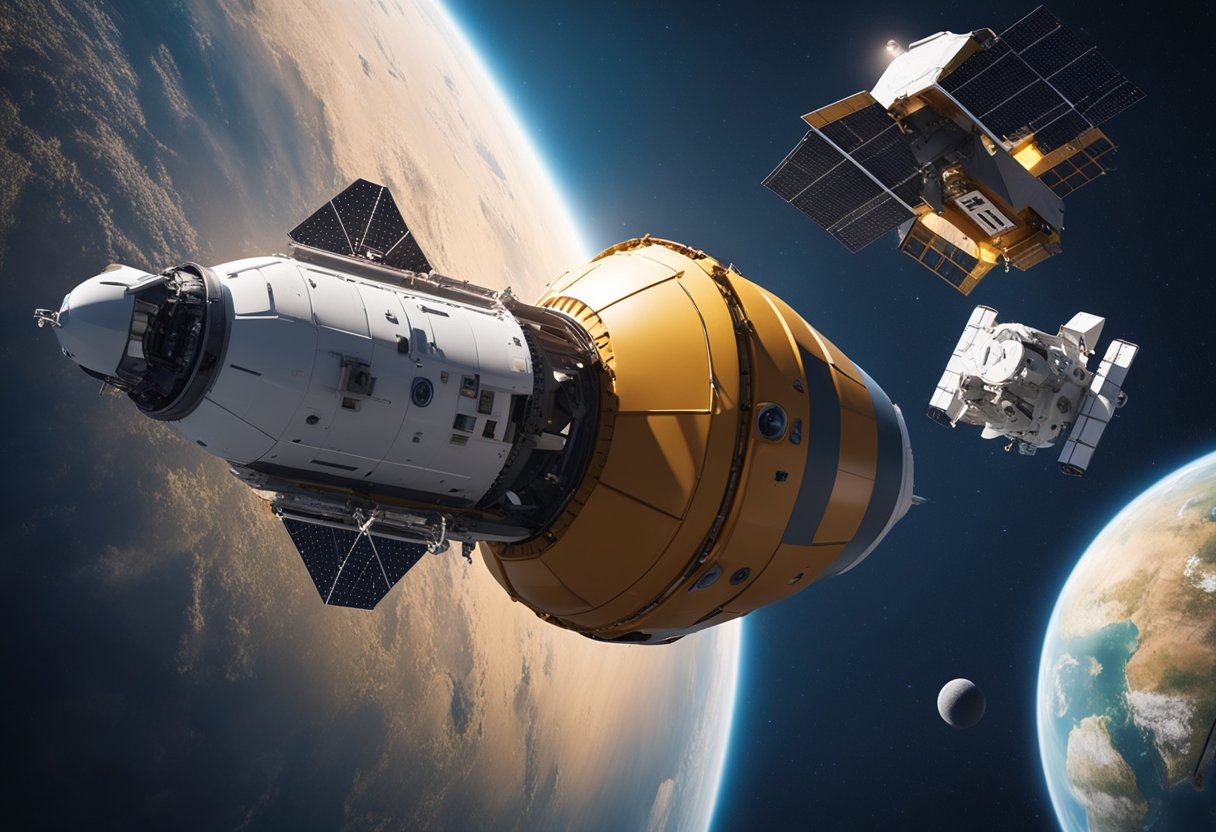 A spacecraft equipped with safety technologies orbits Earth, while a recovery vehicle stands by for potential retrieval