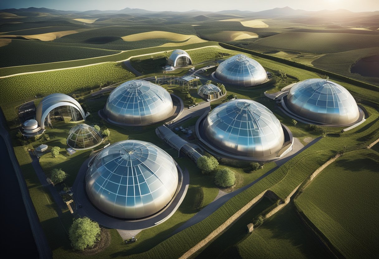 Vibrant, futuristic agricultural domes with advanced technology and resource utilization systems in a space environment