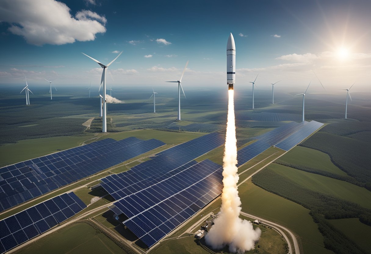 A rocket launches into space, surrounded by solar panels and wind turbines. A network of satellites orbits the Earth, monitoring sustainability initiatives