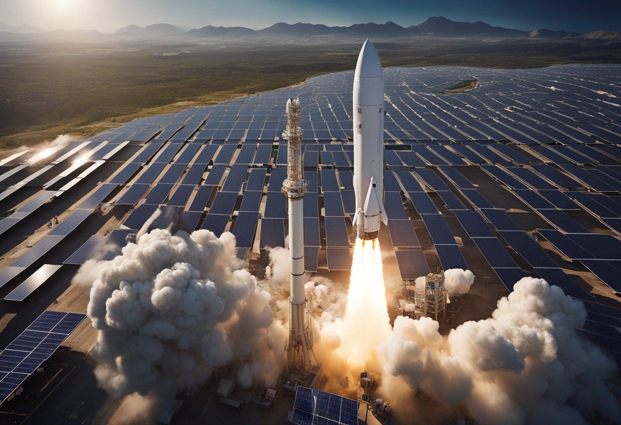 A rocket launches from Earth, surrounded by solar panels and recycling facilities, symbolizing sustainable space exploration initiatives