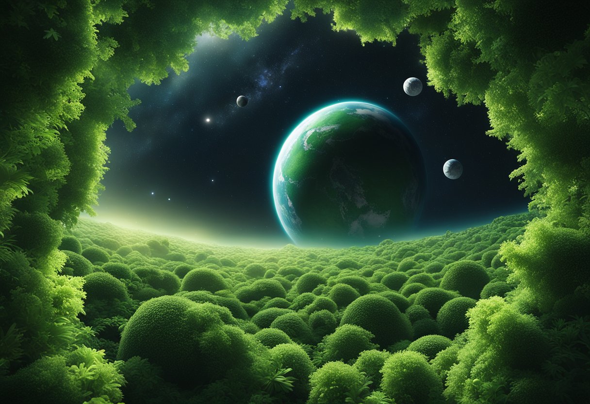 A lush green planet floats in the vastness of space, surrounded by orbiting research stations and sustainable technology, showcasing the integration of ecology and life sciences in space exploration