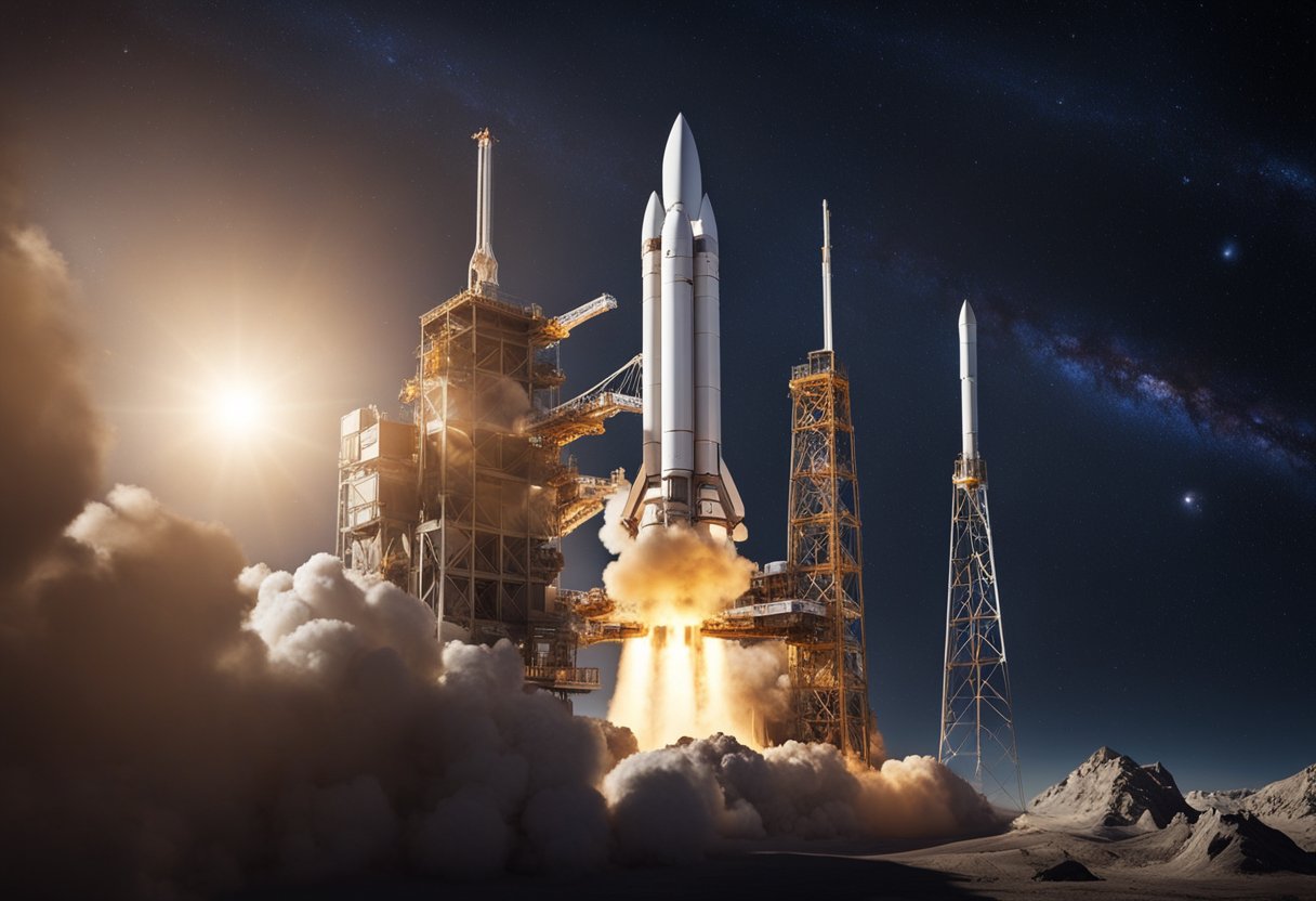 A rocket launches into space, while a robotic mining operation extracts resources from an asteroid, highlighting the ethical implications of space resource mining