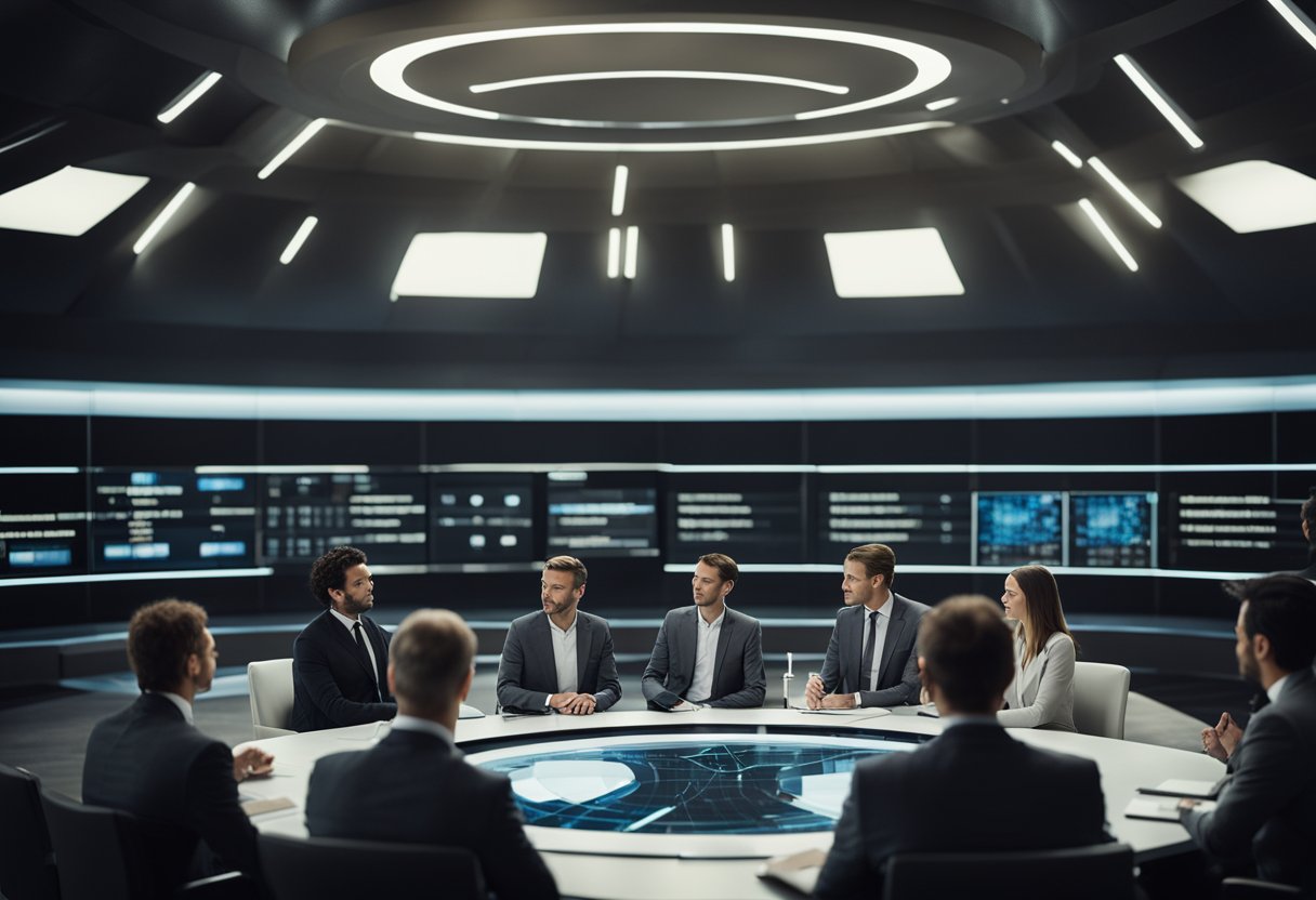 A group of experts discussing the legal and ethical aspects of mining space resources in a futuristic conference room