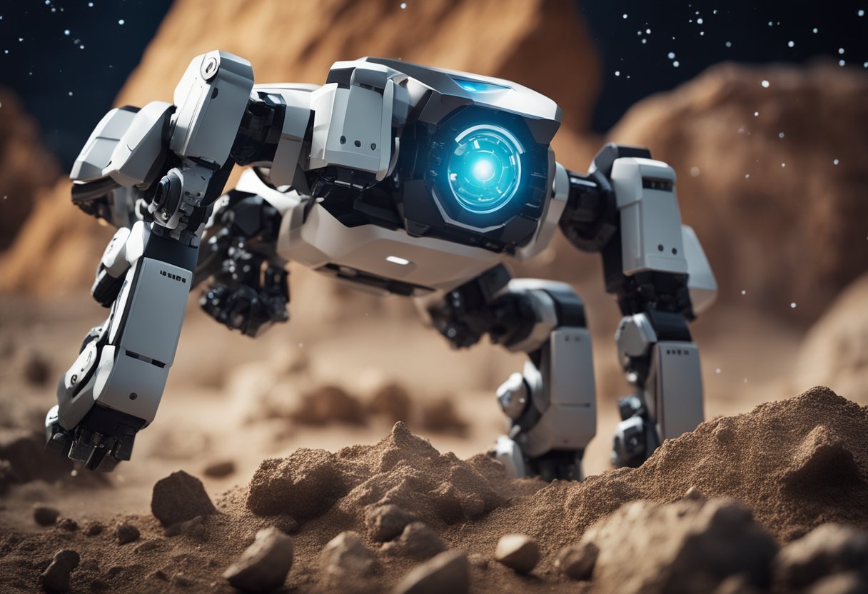 Robotic arms extract minerals from asteroids. Ethical debates surround ownership and environmental impact