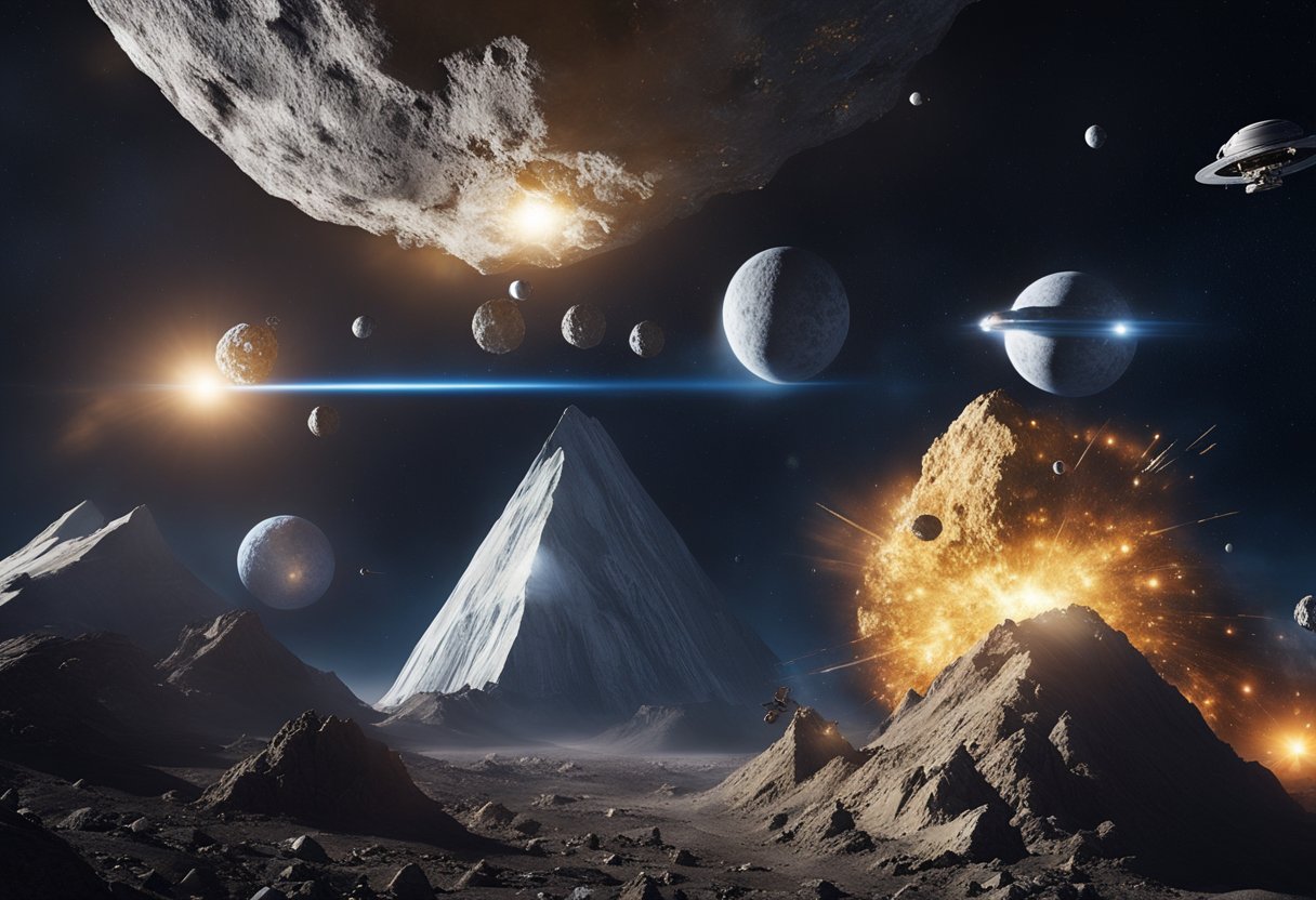 Multiple spacecrafts from different nations gather around a large asteroid, while others engage in a heated dispute over mining rights