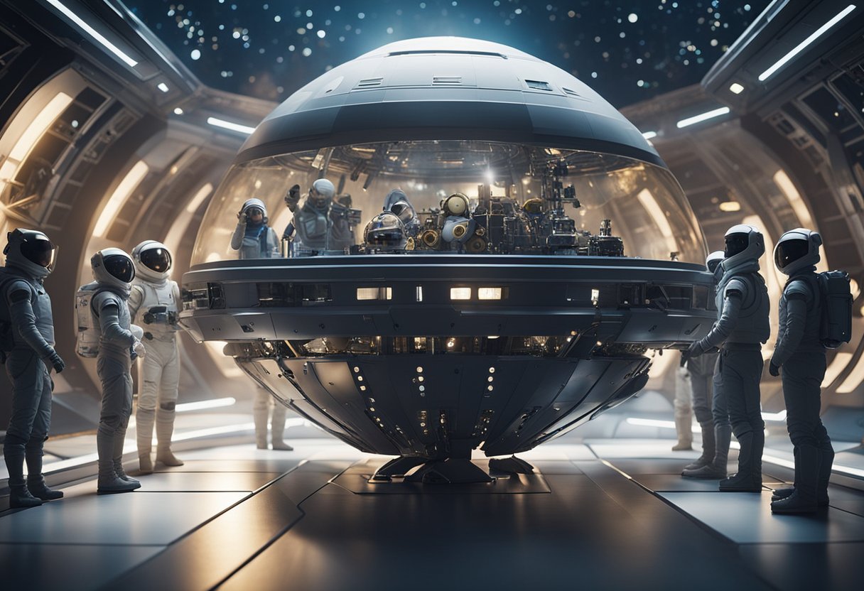 Astronauts in a futuristic spaceship examining a large, spherical, intricate mechanical device under a dome, surrounded by the cosmos.
