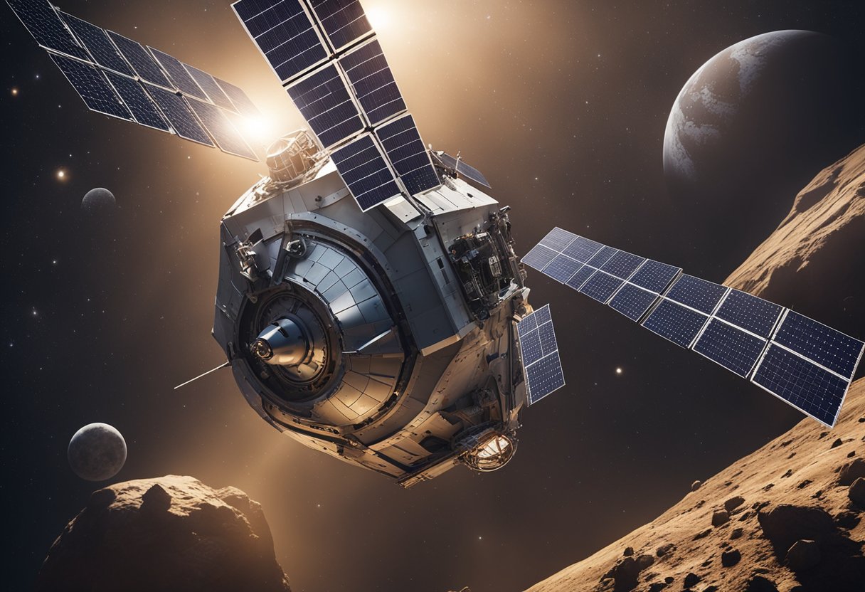 A spacecraft hovers over a pristine asteroid, mining equipment carefully extracting resources while solar panels and waste management systems ensure minimal environmental impact