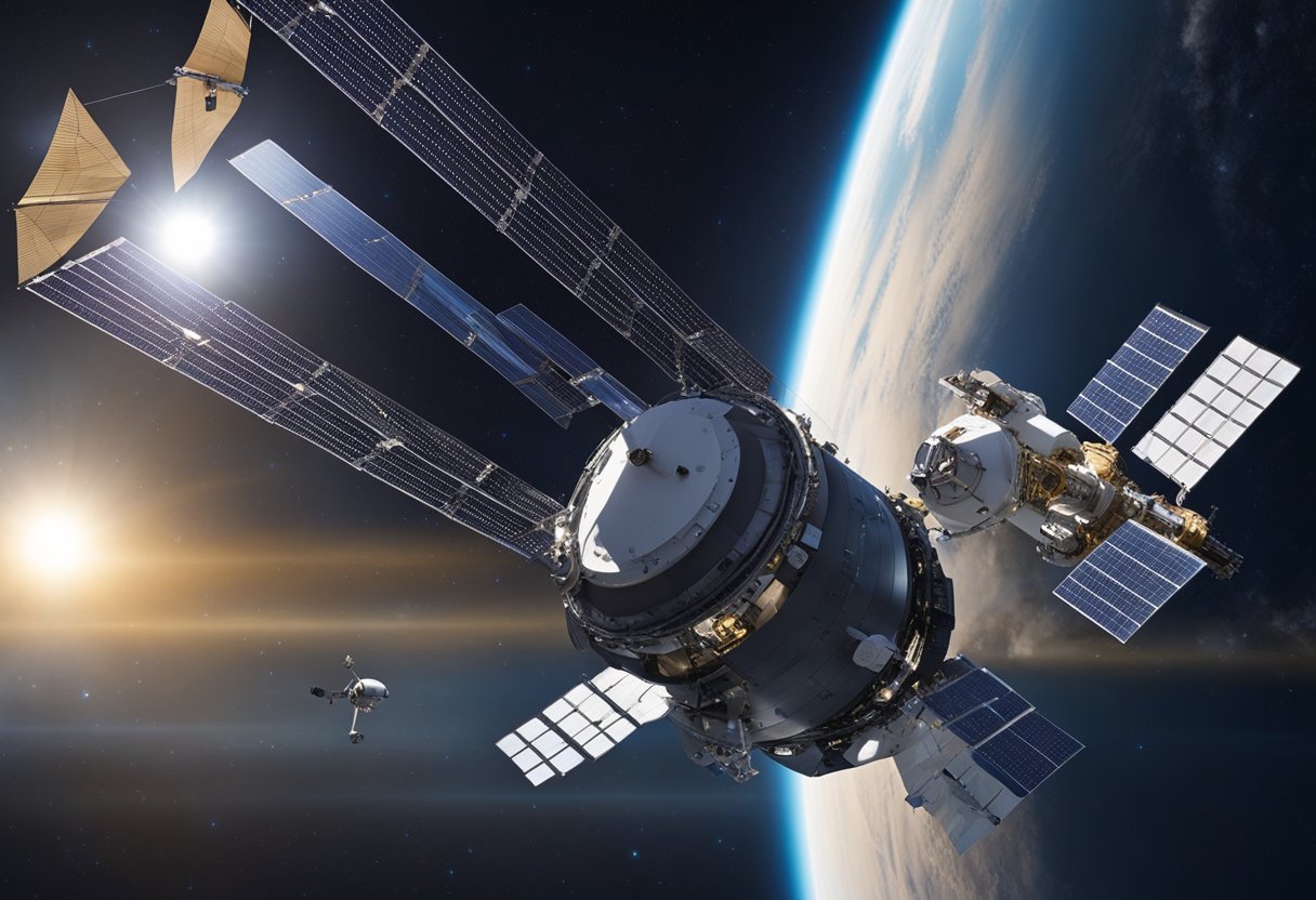 Spacecraft debris mitigation strategies: A satellite deploys a drag sail to slow down and re-enter Earth's atmosphere, while a space station uses a robotic arm to capture and remove a piece of debris