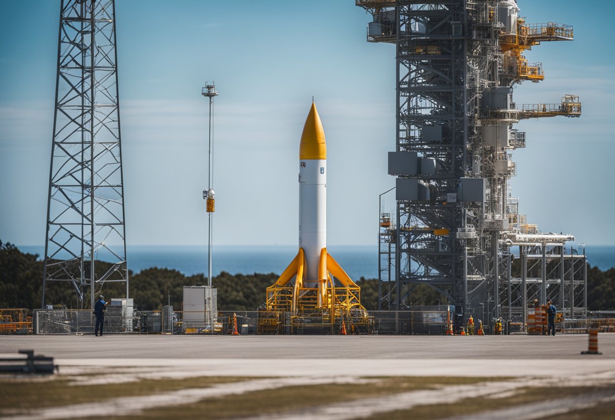 A rocket sits on a launch pad, surrounded by safety barriers and monitoring equipment. Officials in high-visibility vests oversee the final checks before the countdown begins