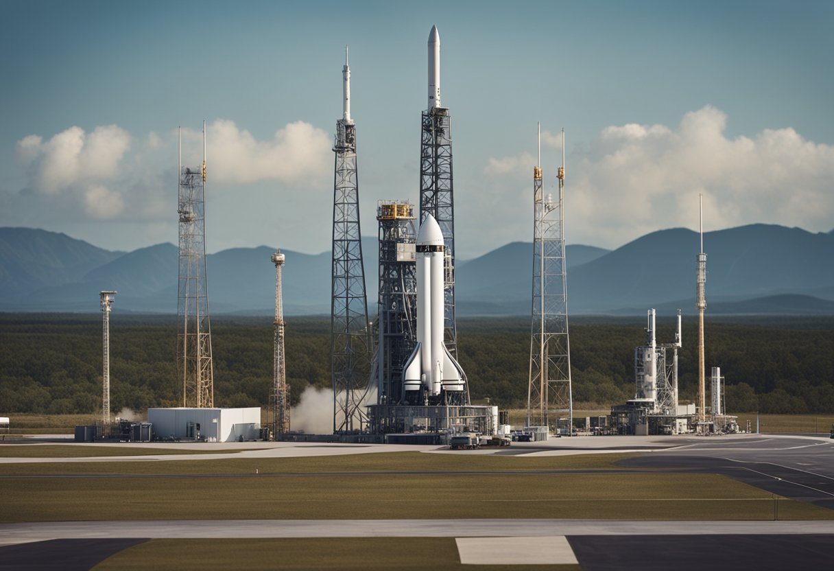 A rocket stands tall on a launch pad, surrounded by a secure perimeter. Signs display regulations and safety protocols for commercial space launches