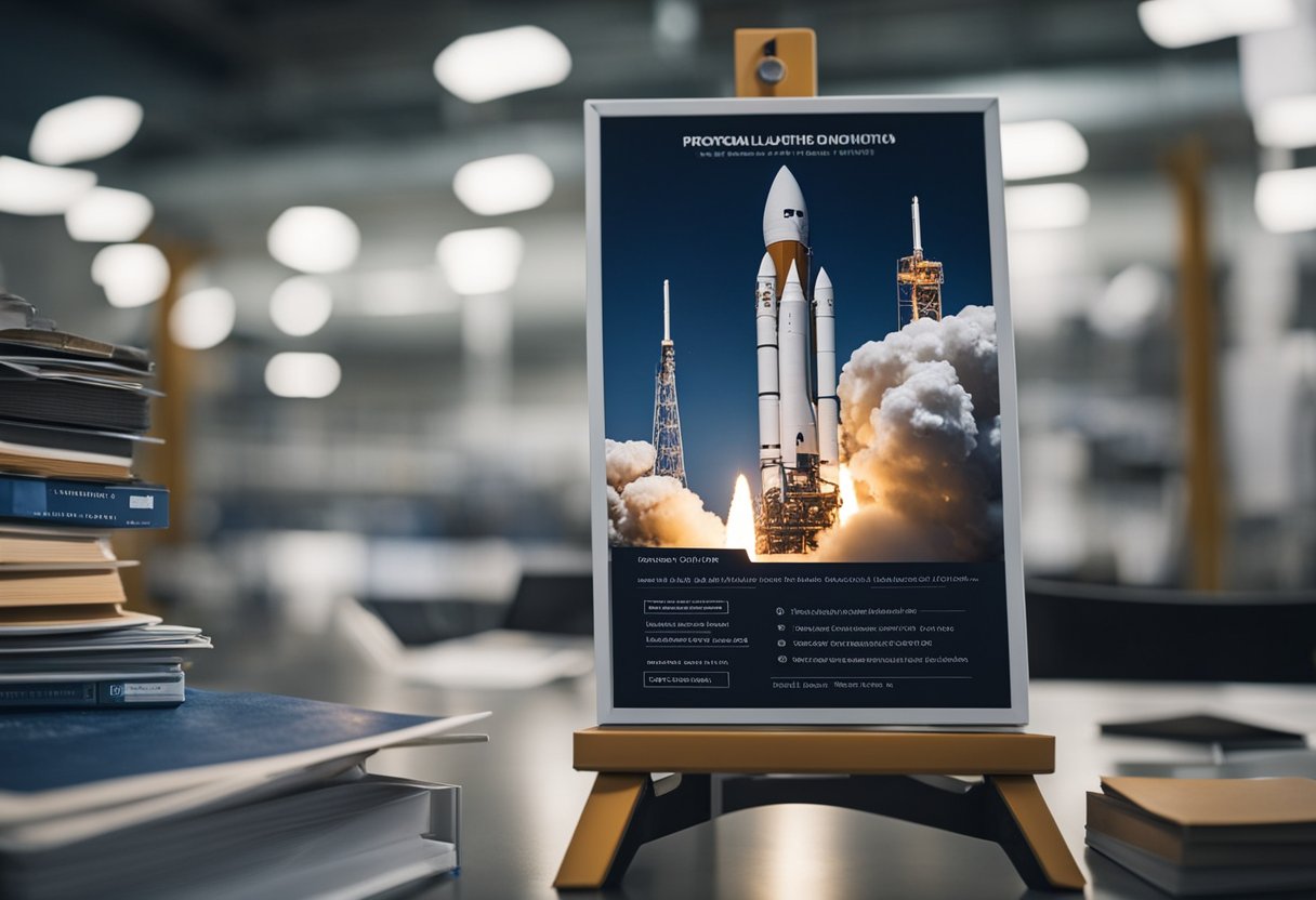 A rocket sits on a launch pad, surrounded by educational and resource materials. Signs display commercial space launch regulations