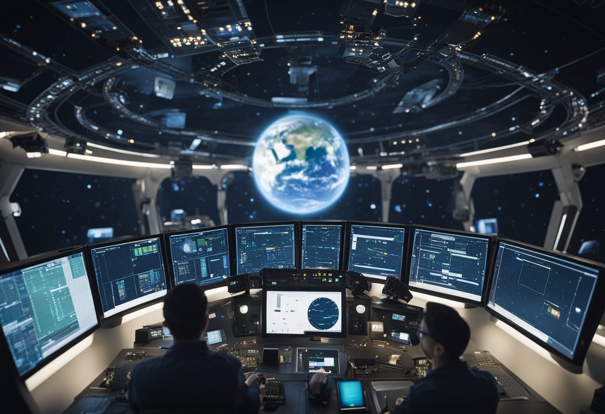 Space Traffic and Orbits - Various spacecraft maneuver around orbital paths, avoiding collisions. Traffic control monitors movements from a central command center
